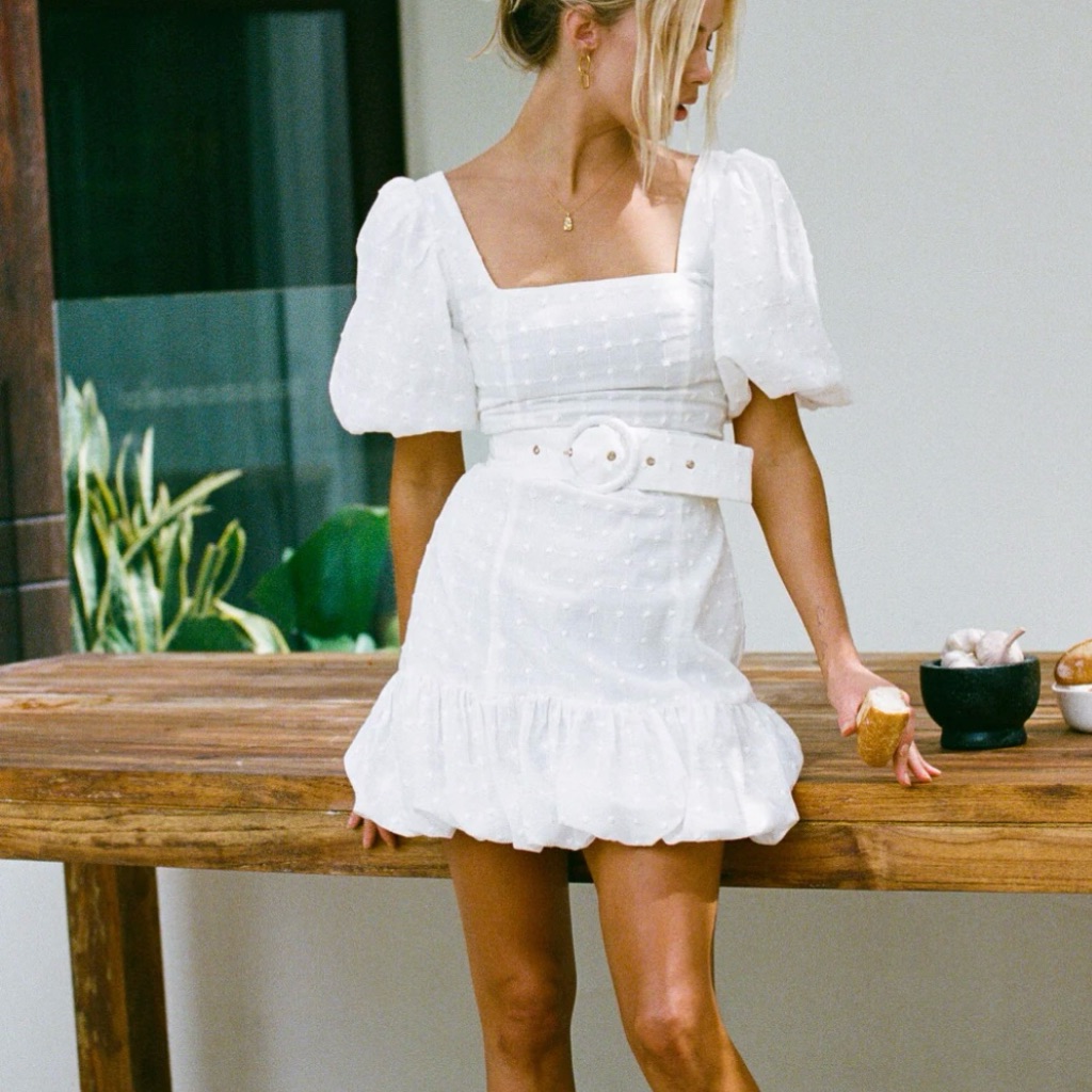 Sabo Skirt White Puff Sleeve Dress With Belt